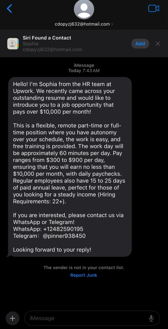 Screenshot of an iMessage associated with an Upwork messaging scam.