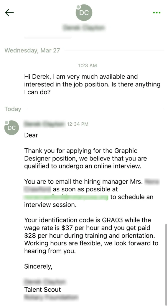 Screenshot of messages associated with an Upwork off-platform communication scam.