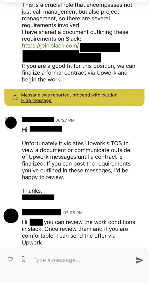 Screenshot of Upwork messages asking for a user to move off-platform to Slack.