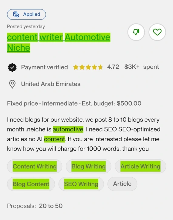 Screenshot of an Upwork spam job scam (example 1).