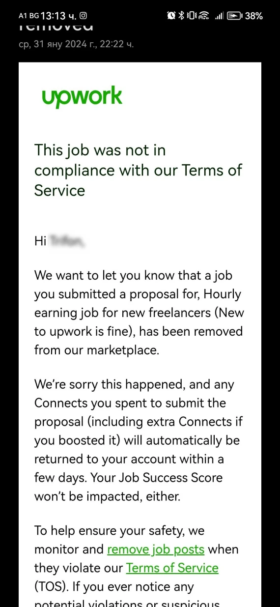 Screenshot of an Upwork fake job report.