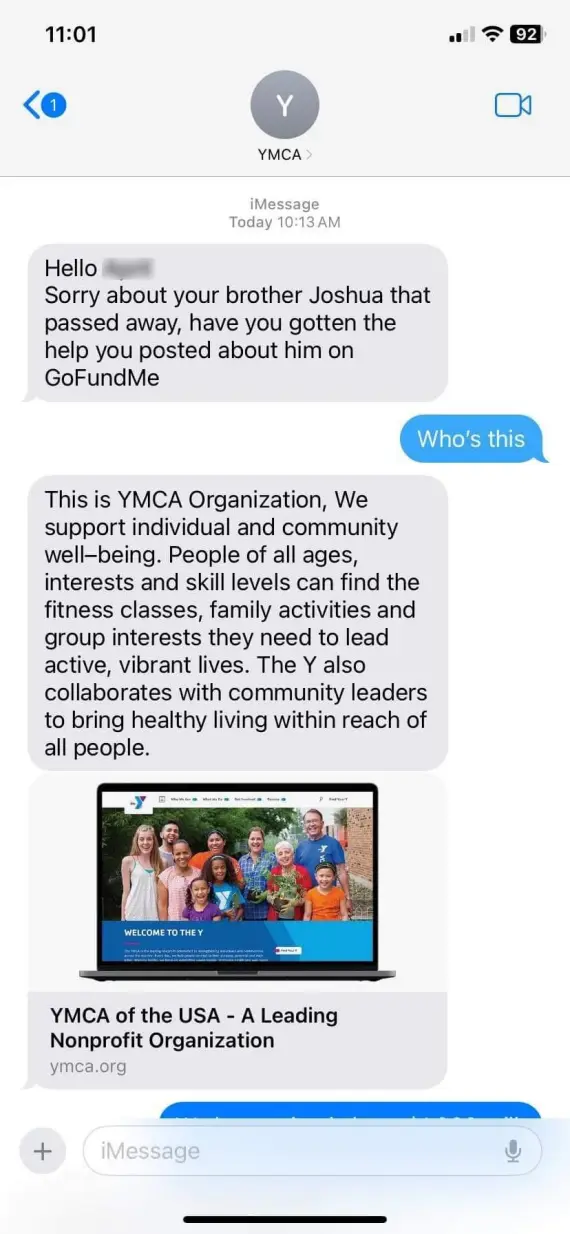 Screenshot of a text message exchanged associated with a charity scam