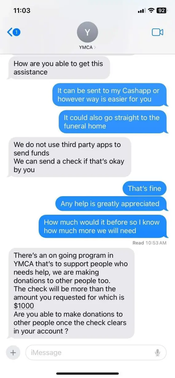 A second screenshot of a text message exchanged associated with a charity scam