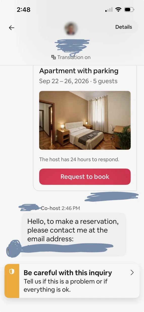 A screenshot of messages requesting that an Airbnb be booked off platform.