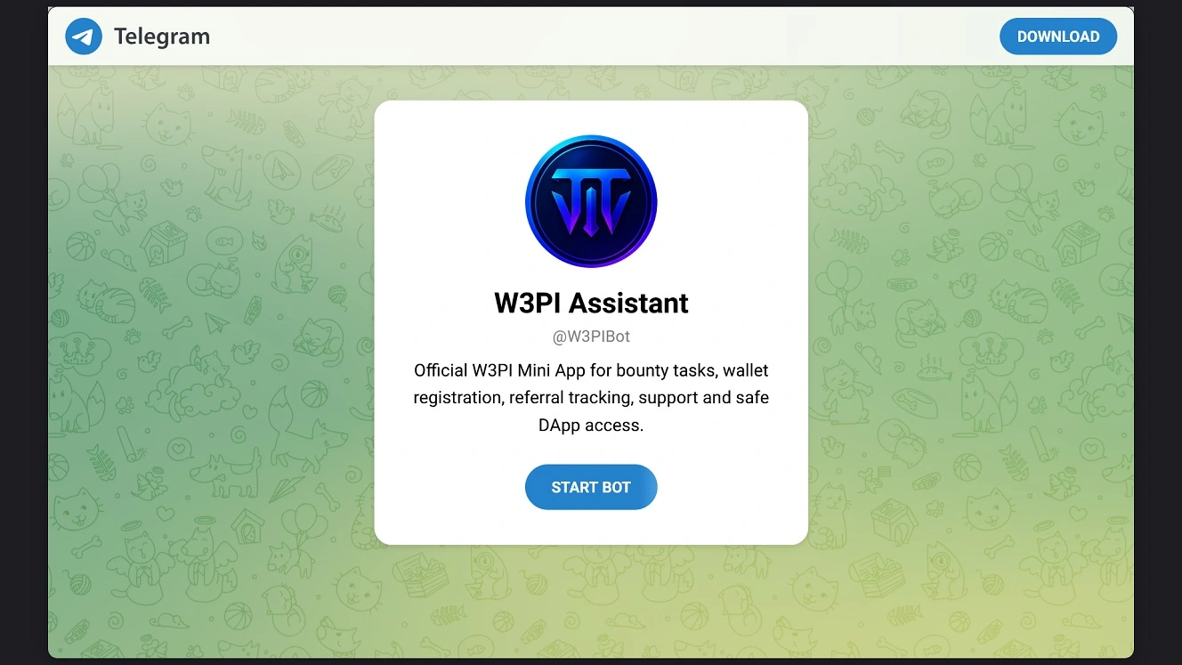 Clicking on the "bounty map" on the fake W3PI new blockchain token and protocol, opens up this Telegram channel.