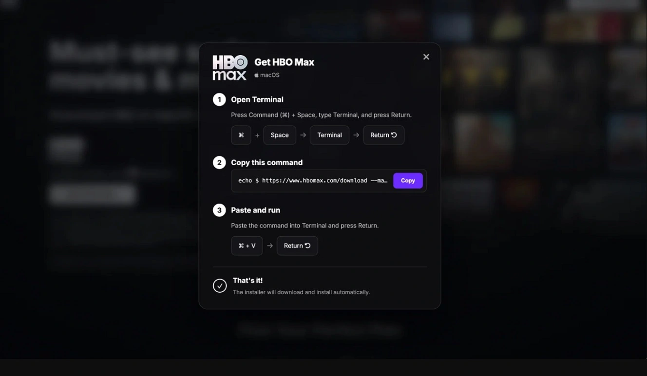 The ClickFix HBO Max lure as shared by ADAMnetworks.