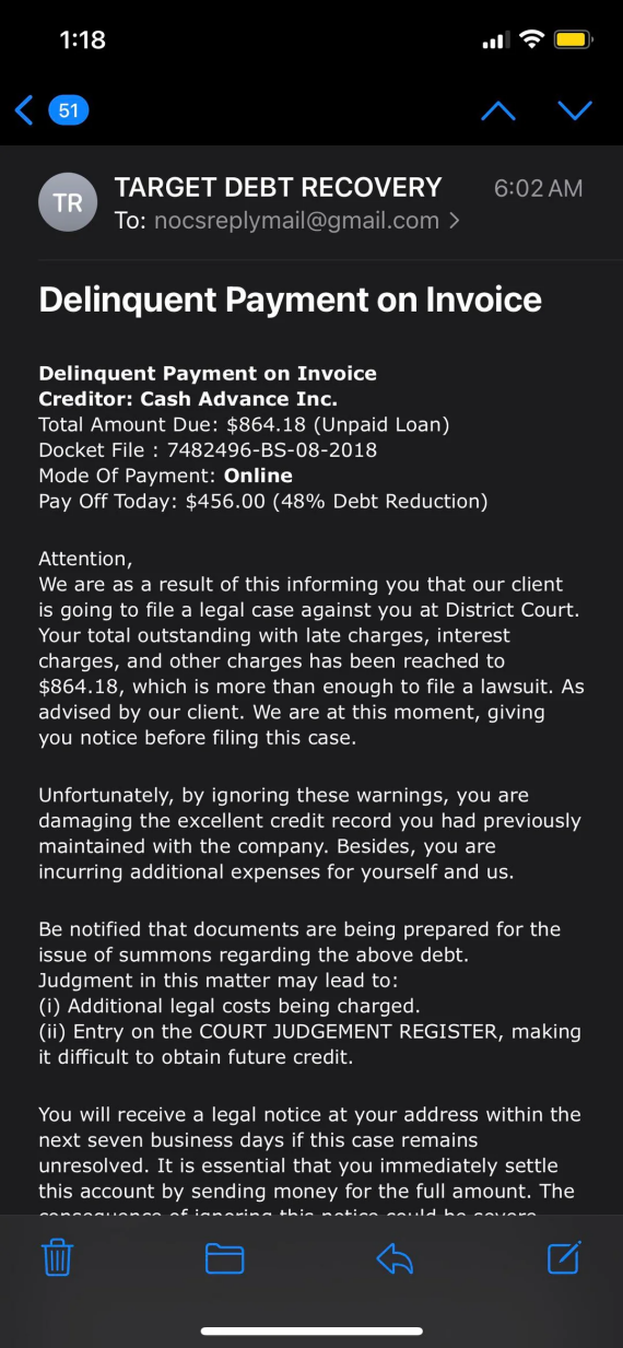 A debt payment scam email.