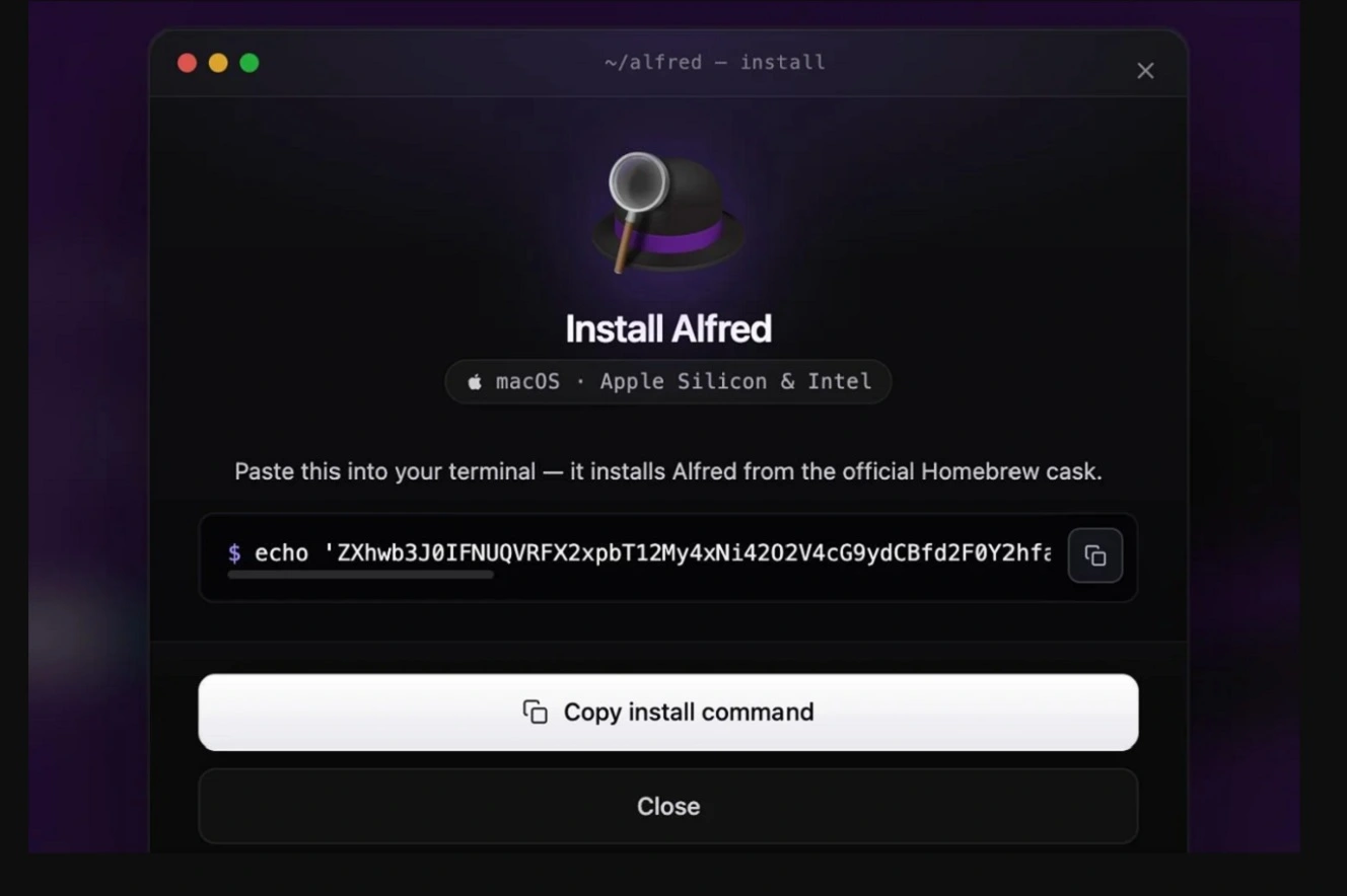 A fake Alfred (macOS productivity) website with ClickFix instructions as shared by ADAMnetworks.