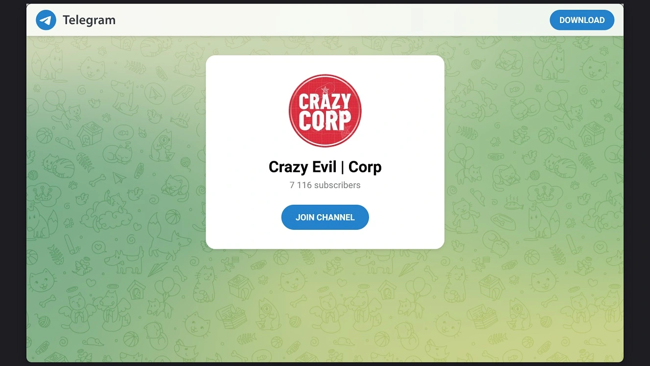 Screenshot of the Crazy Evil Corp channel with over 7,100 subscribers.
