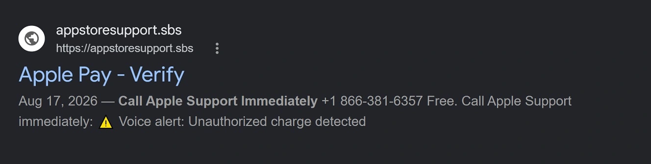 A screenshot of search results for the malicious site.