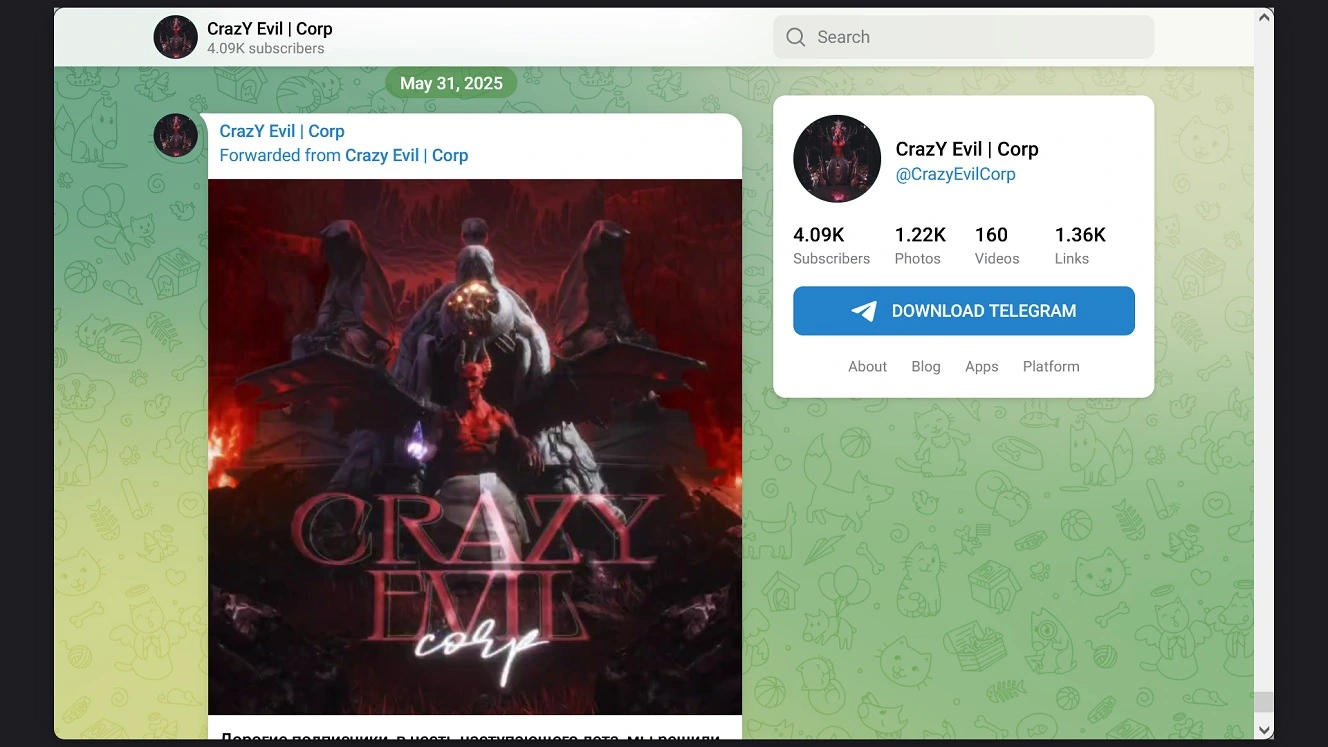 Screenshot of the Telegram account historically linked to Crazy Evil.