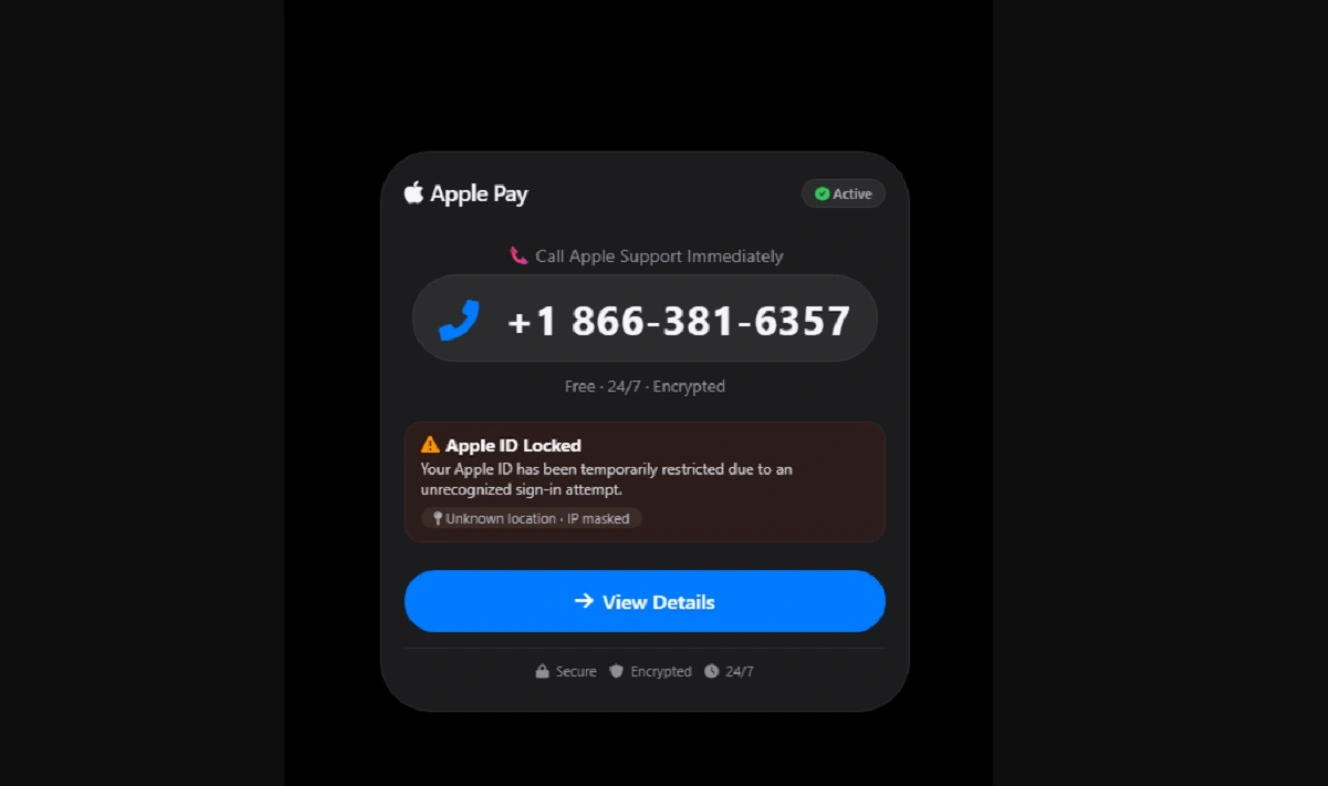 A screenshot of the second screen that appears in this scam, with a fake Apple Support number to call.