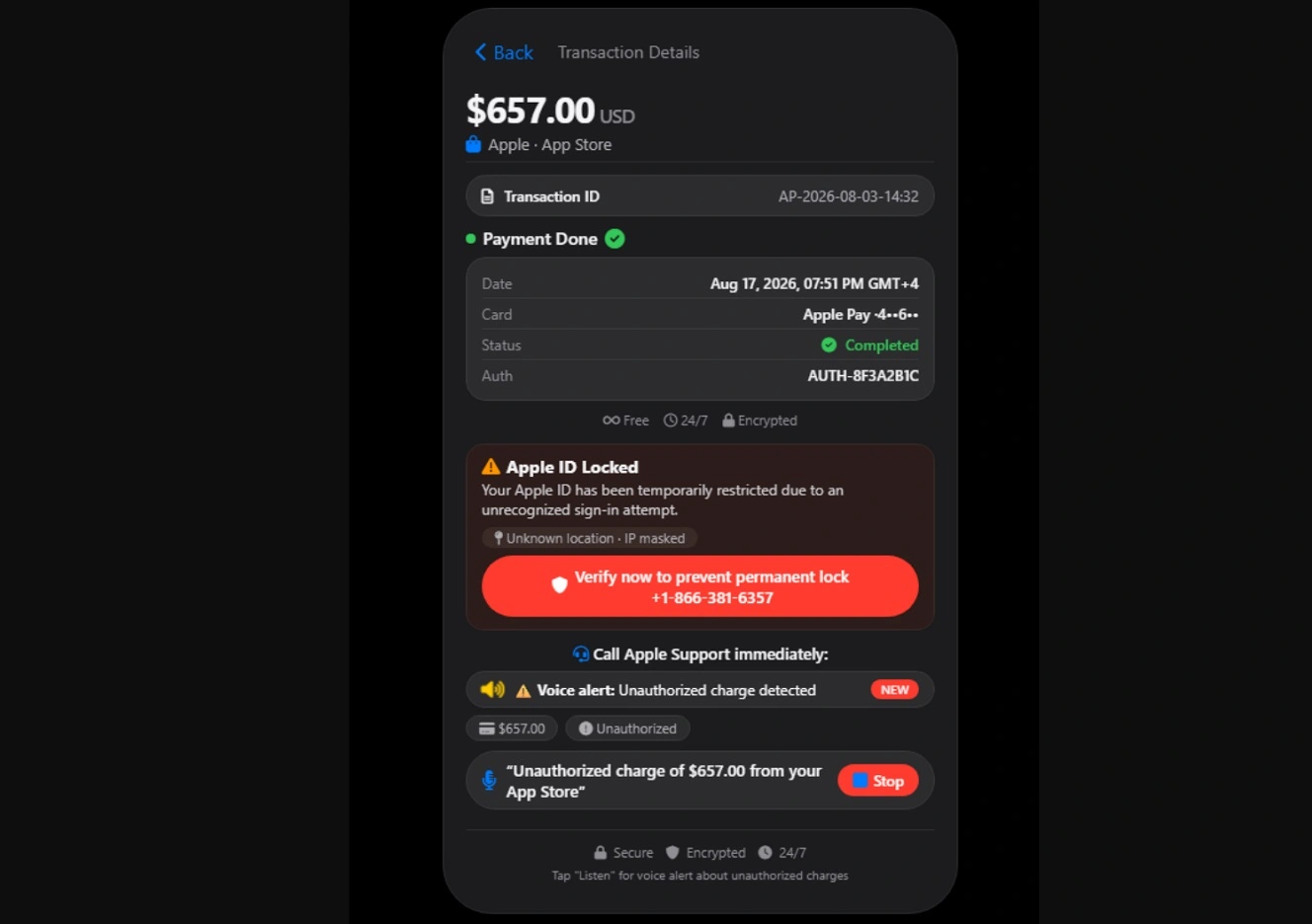A screenshot of the third screen in the scam, with an alert and a fake number.