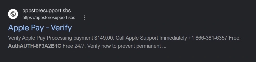 Screenshot of a search result that shows the indexed site with a description that reads "Apple Pay Processing payment $149.00." Image: Screenshot, Moonlock.