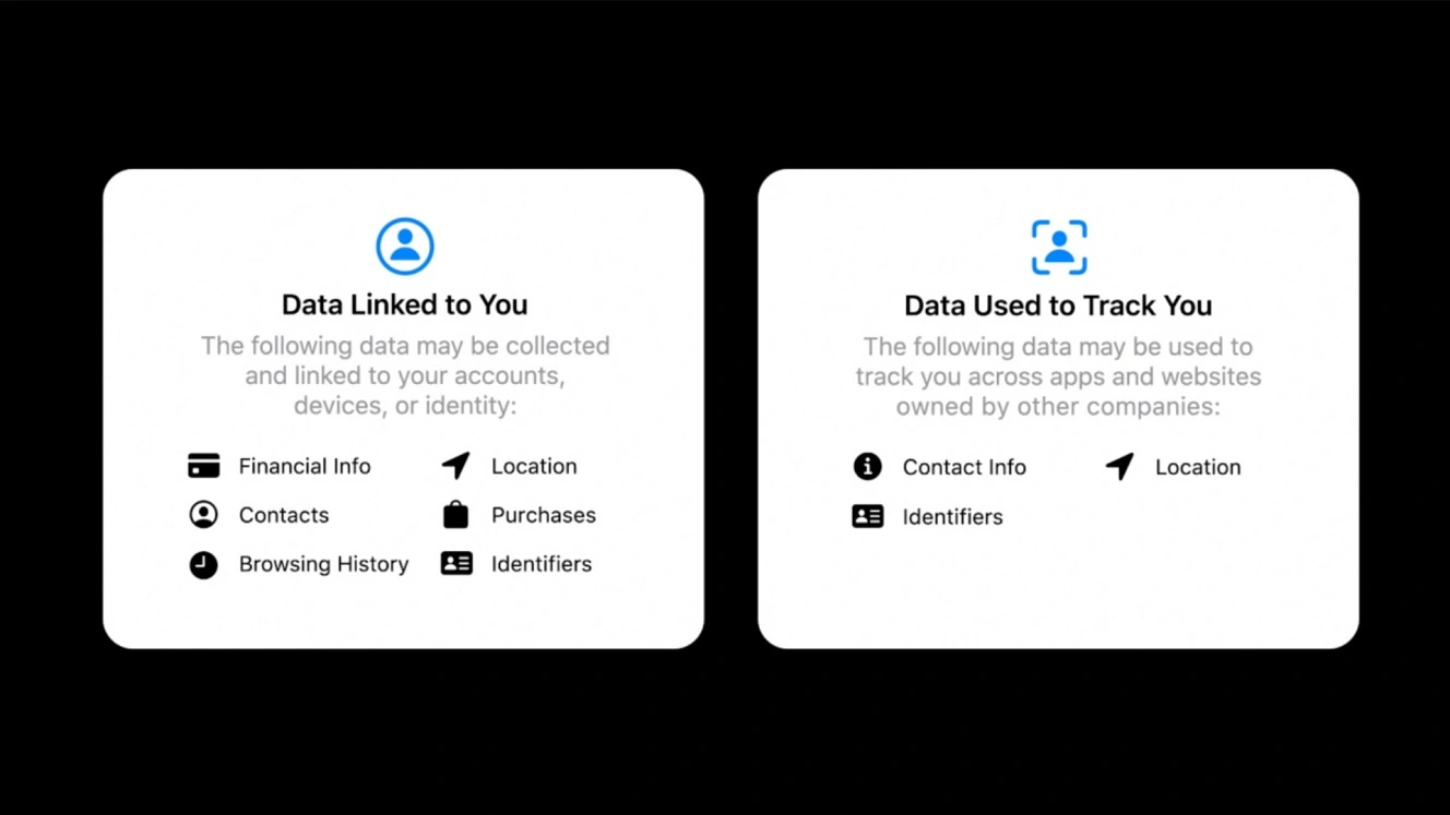 The Apple App Privacy summary which should be available for any app hosted on the store.