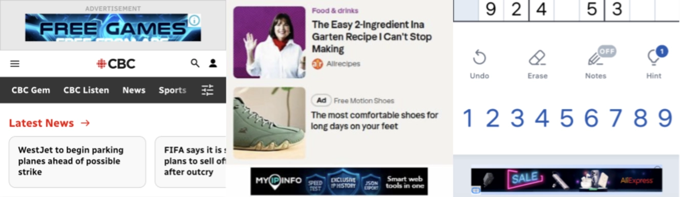 An image showing ads that, according to Citizen Lab, were seen in this campaign.