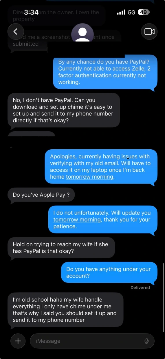 A screenshot of a continued conversation linked to a Zillow platform redirect scam.