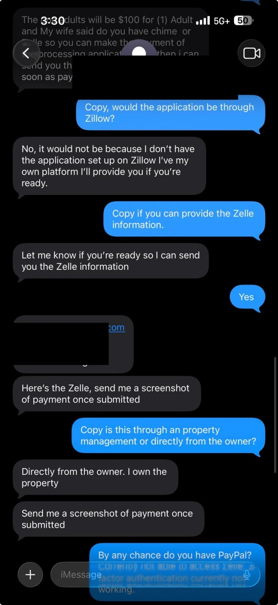 A screenshot of DMs connected to a Zillow platform redirect scam.