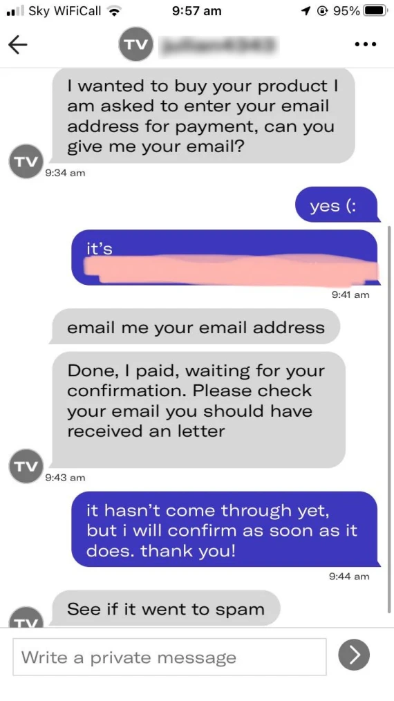 Screenshot of an example of a Depop fake email and communication scam.
