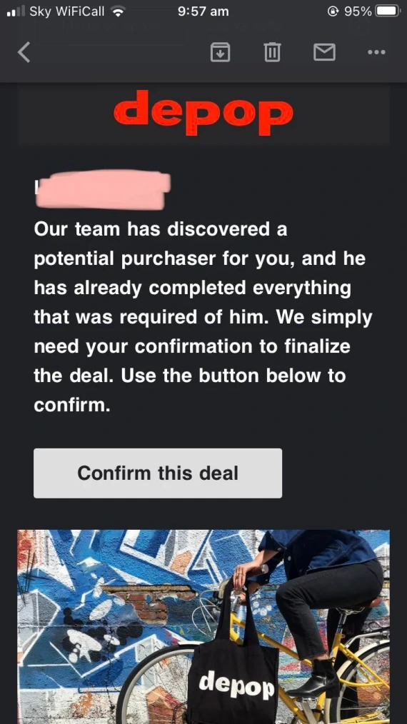 A screenshot of a fake Depop email.