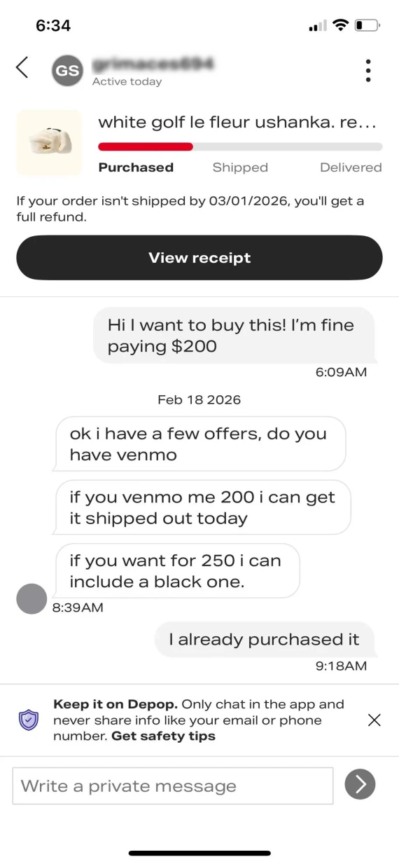 A screenshot of messages associated with a Depop off-platform payment scam.