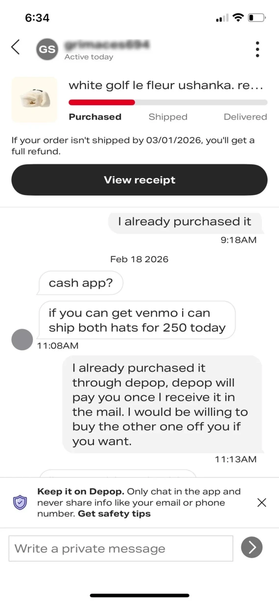 A second screenshot of messages associated with a Depop off-platform payment scam.