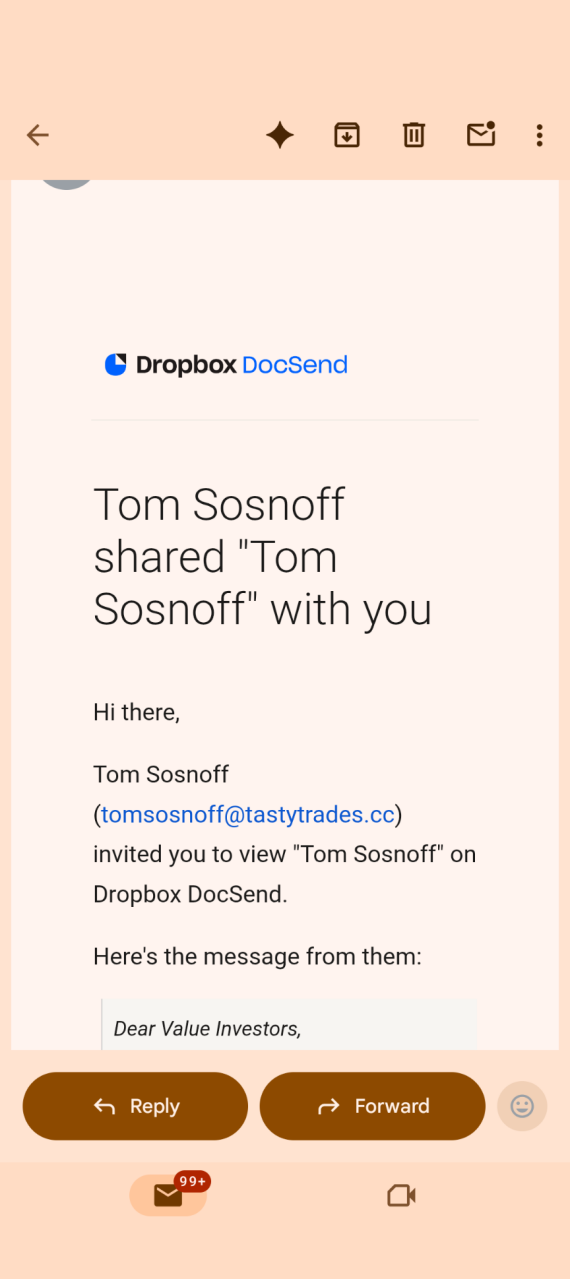 Screenshot of an email associated with a Dropbox document signature scam.
