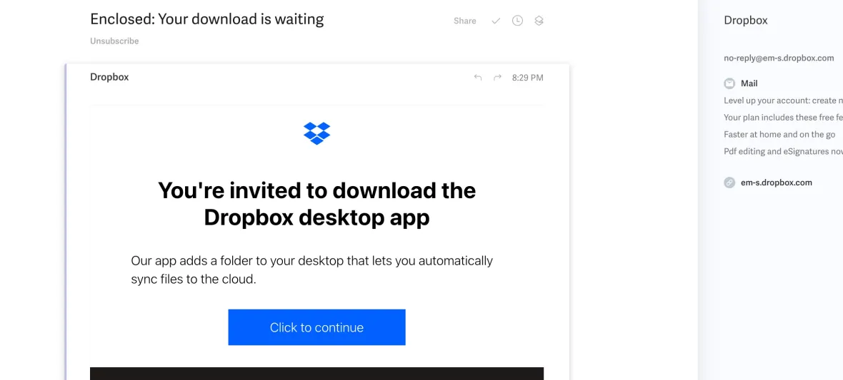 Screenshot of a Dropbox fake download page.