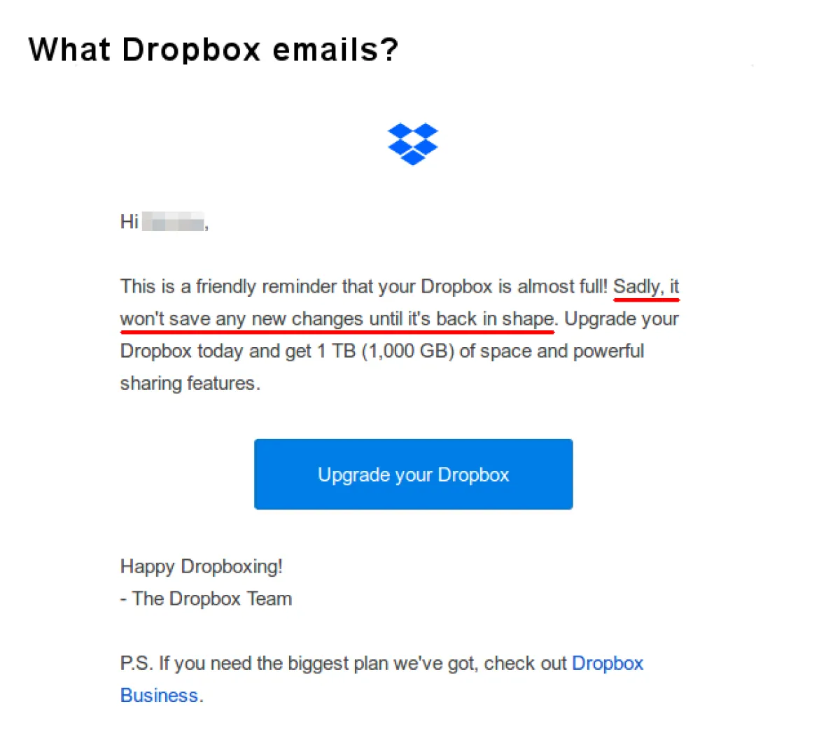 An image of a Dropbox full storage scam.
