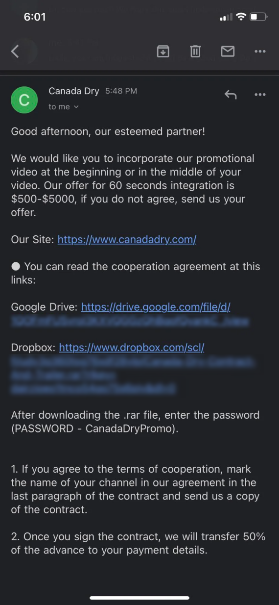 Screenshot showing a Dropbox phishing link.