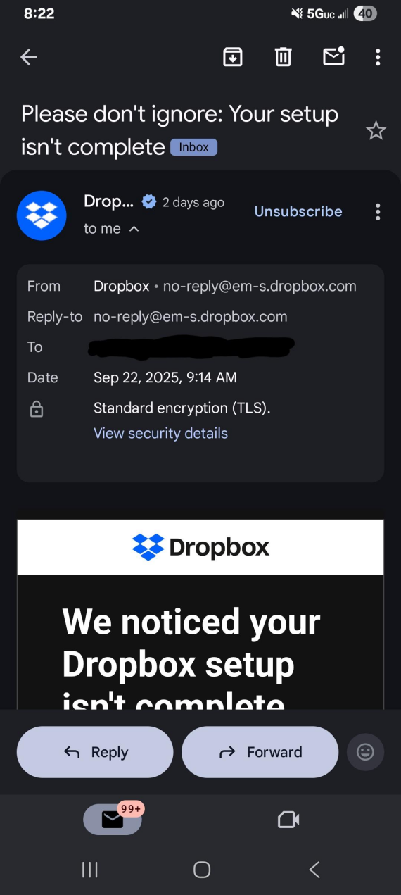 Example 1 of a Dropbox phishing email.
