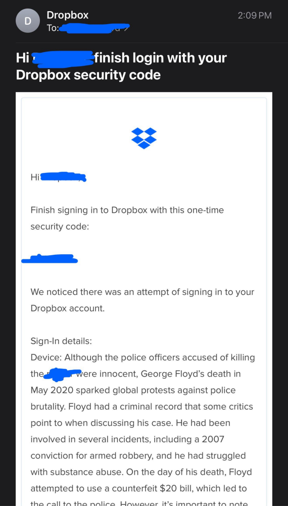 Screenshot of a Dropbox fake email.