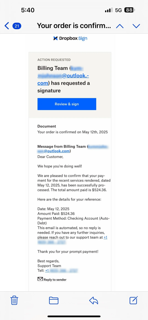 Screenshot of a Dropbox document signature scam.