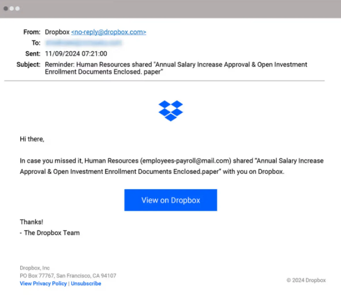 Dropbox HR Payroll scam