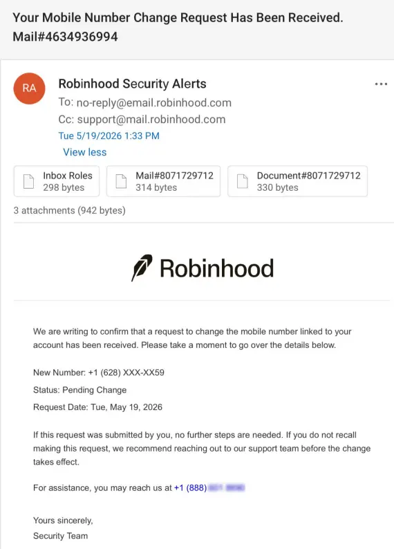 An example of a Robinhood email scam that reads "Robinhood Security Alerts."