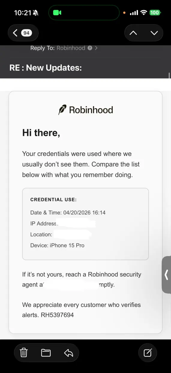 Screenshot of a Robinhood account activity scam email.