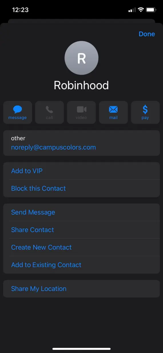 A screenshot of a contact page with a Robinhood fake phone number.