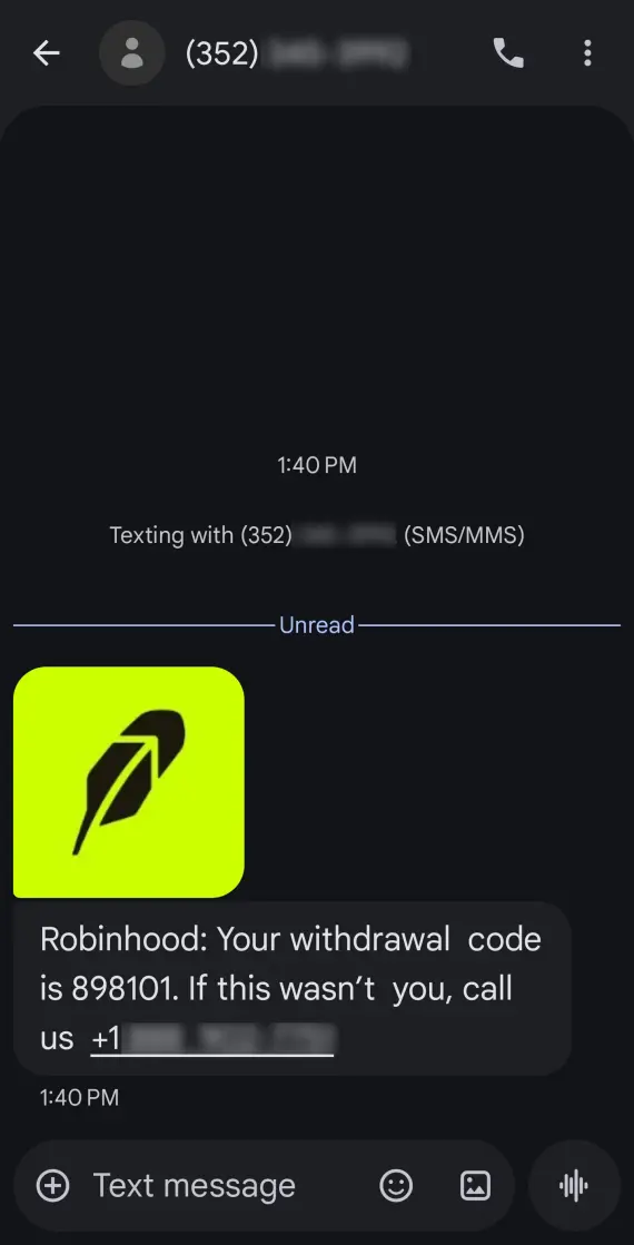 Screenshot of a Robinhood support text scam.