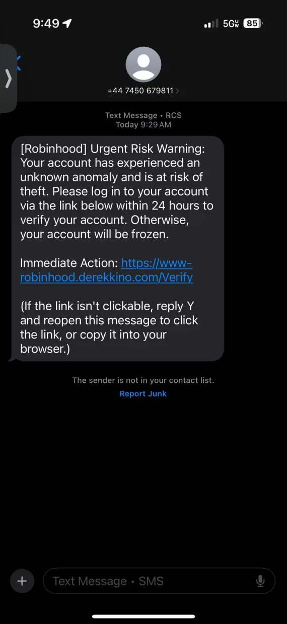 Screenshot of a Robinhood scam text.
