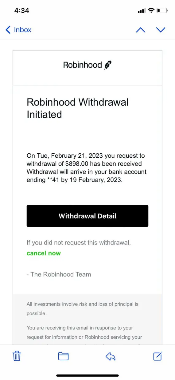An email associated with a Robinhood withdrawal scam.
