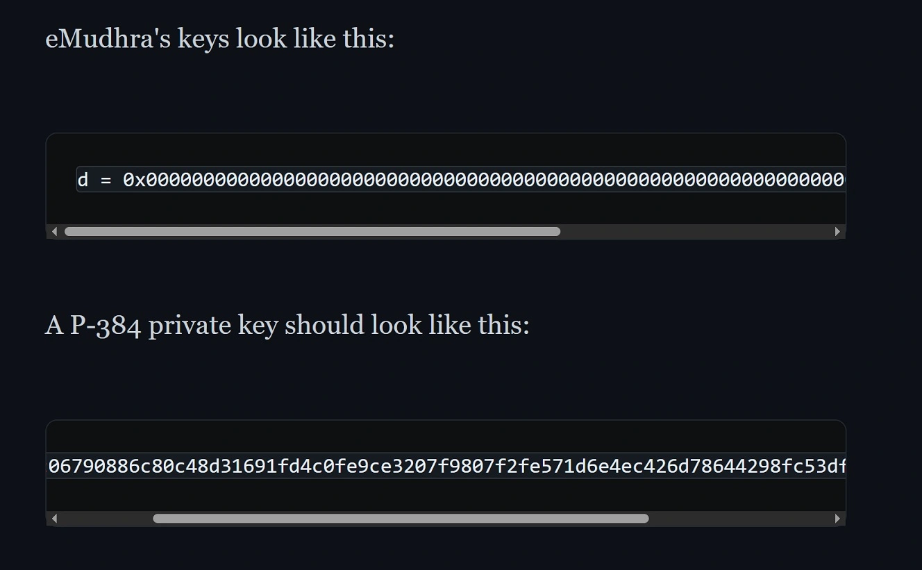 A screenshot of Scott Helme, Security Researcher, showing what one of the eMudhra keys look like and what a private key should look like.