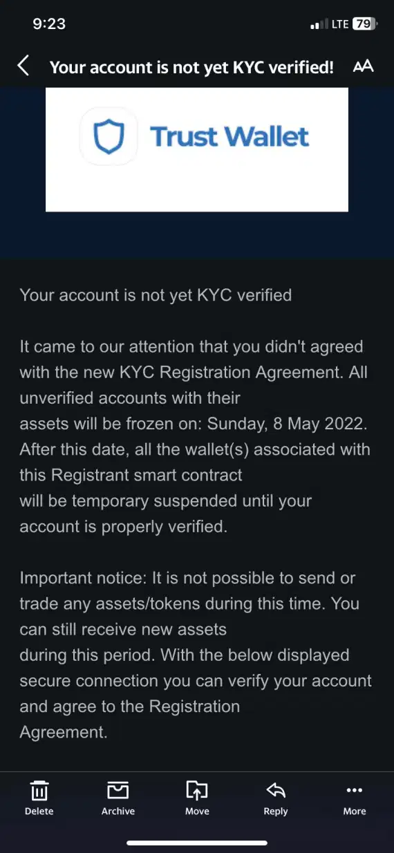 Image of a Trust Wallet KYC verification scam.