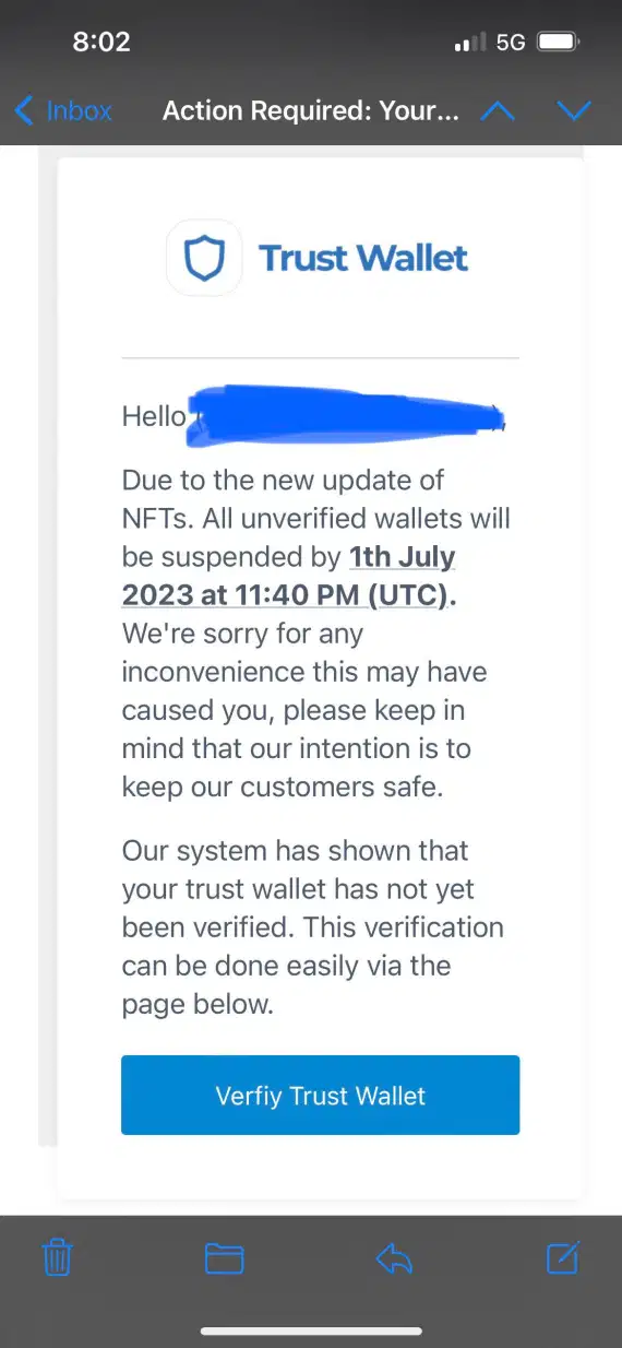 Screenshot of a Trust Wallet KYC verification scam.