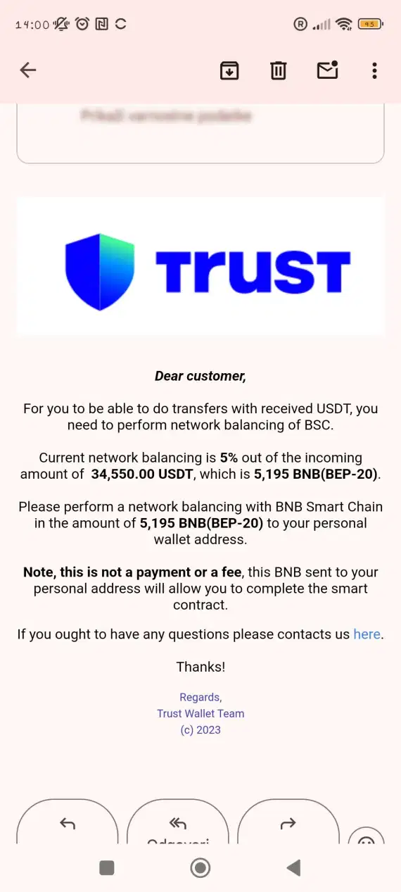 A screenshot of a Trust Wallet transfer scam.