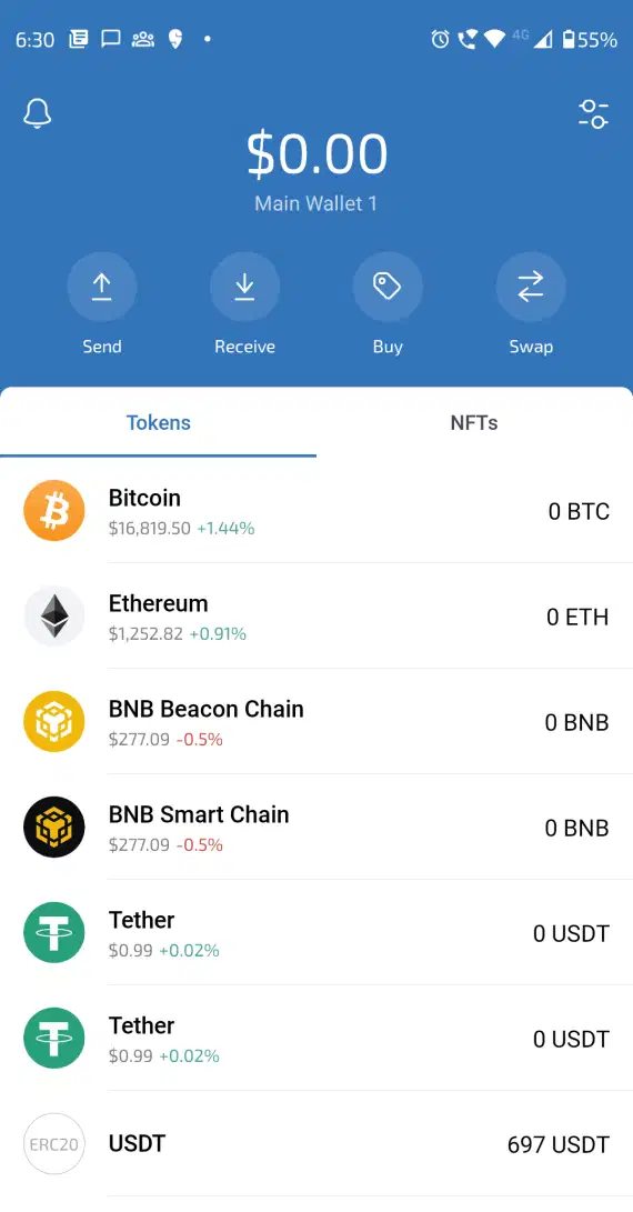 Image of a Trust Wallet crypto scam showing zero tokens.