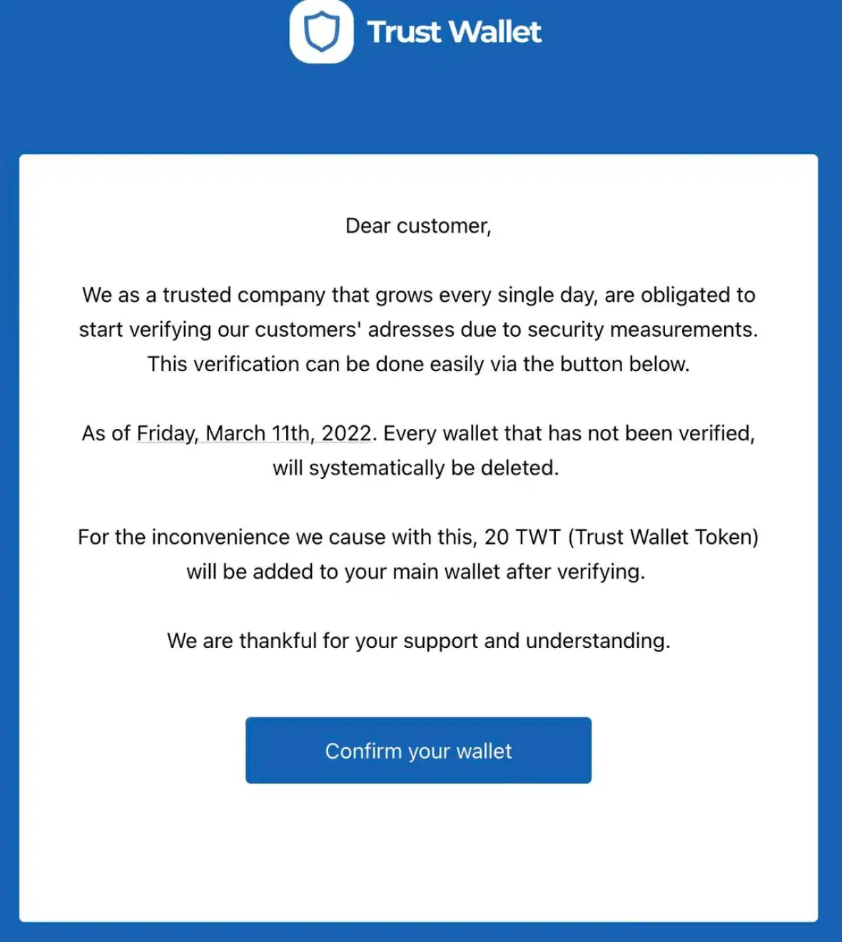 Screenshot of a Trust Wallet phishing verification email.