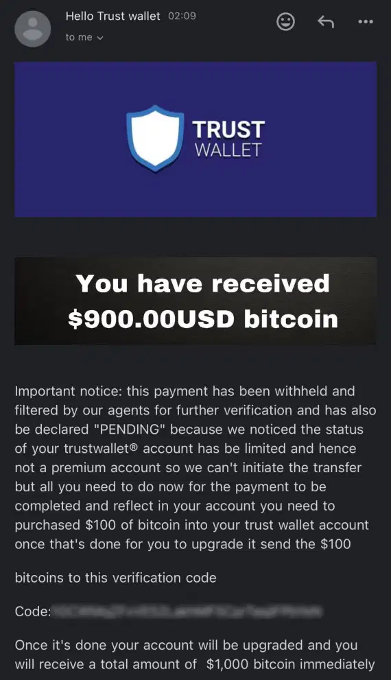 A screenshot of a message claiming that Bitcoin has been transferred to the user.