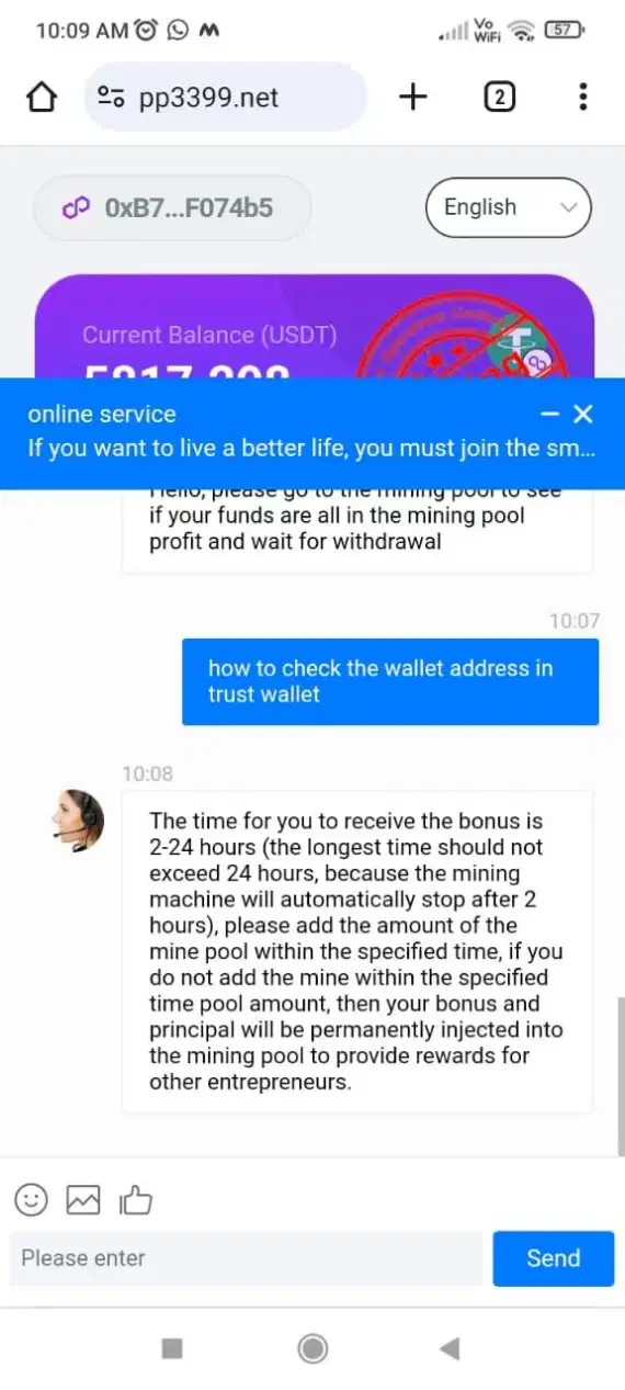 A screnshoot of another message associated with a Trust Wallet support scam.