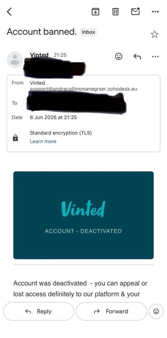 An "Account Deactivated" message associated with a Vinted Account Suspended phishing scam.