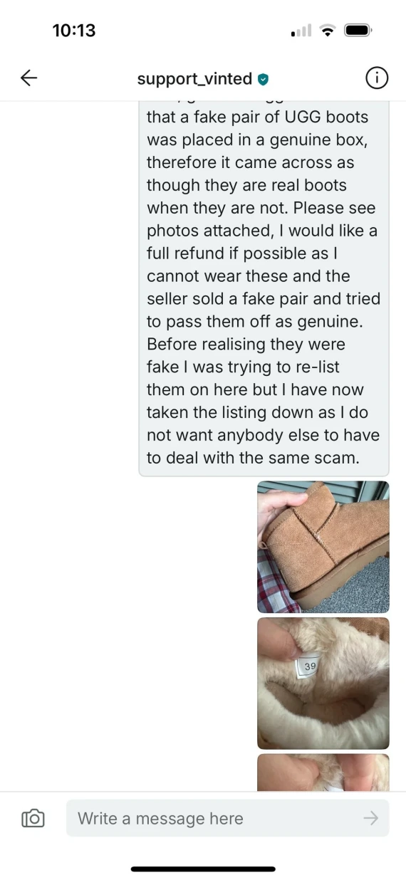 A screenshot of DMs associted with a Vinted counterfeit item scam.